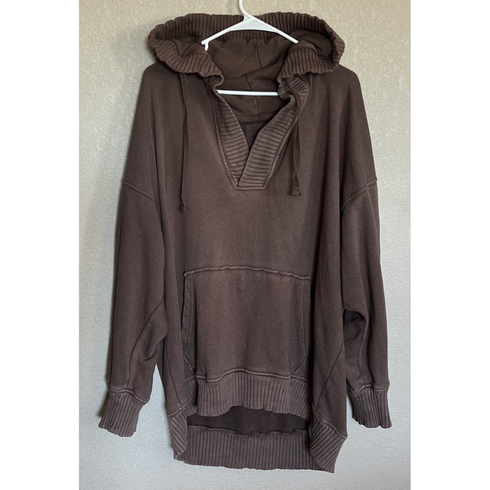 Aerie Women's Brown Terry Pullover Hoodie V-Neck Hooded Pockets Oversized XL